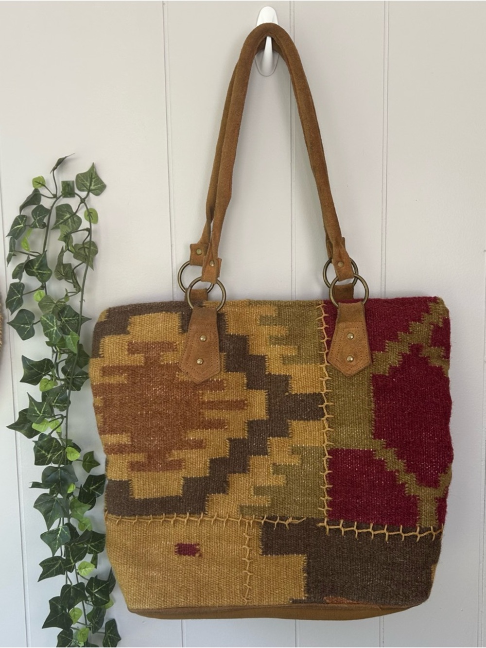 Handcrafted Kilim Patchwork Tote Bag - Brown, Mustard & Burgundy